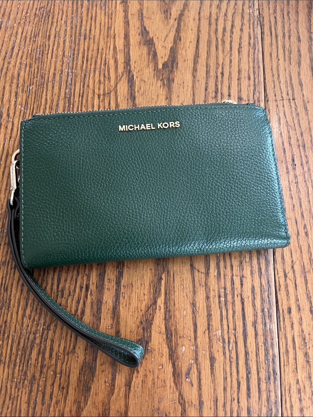 Michael Kors Dark Green Pebbled Leather Wristlet Wallet with Gold Logo
